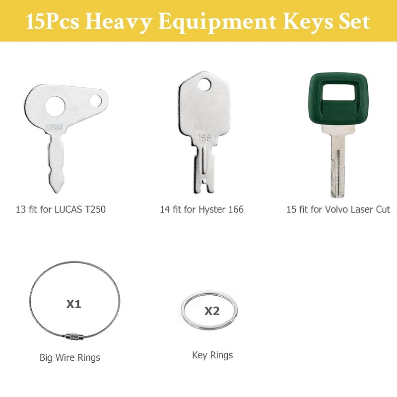 Tecreddy 15PCS Heavy Equipment Keys Master Set, Construction Keys for Cat Caterpillar 5P8500 John Deere AT195302 Komatsu 787 Volvo 777 Bobcat D250 JCB 14603 Case S450 Hitachi H800 Hyster 166 Takeuchi H806 - Image 5